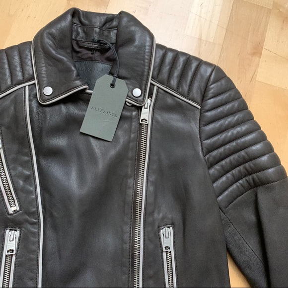 All Saints Bixer Lamb Leather Piped Biker Jacket - Picture 3 of 9